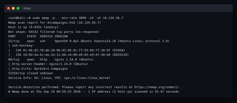 Nmap-Scan auf Cohort-Ziel DarkZeroReturns: 22/tcp SSH, 80/tcp nginx