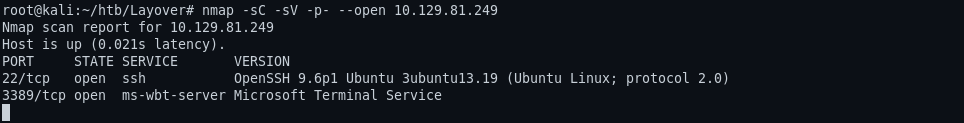 Terminal showing the external Nmap scan for Hack The Box Layover.