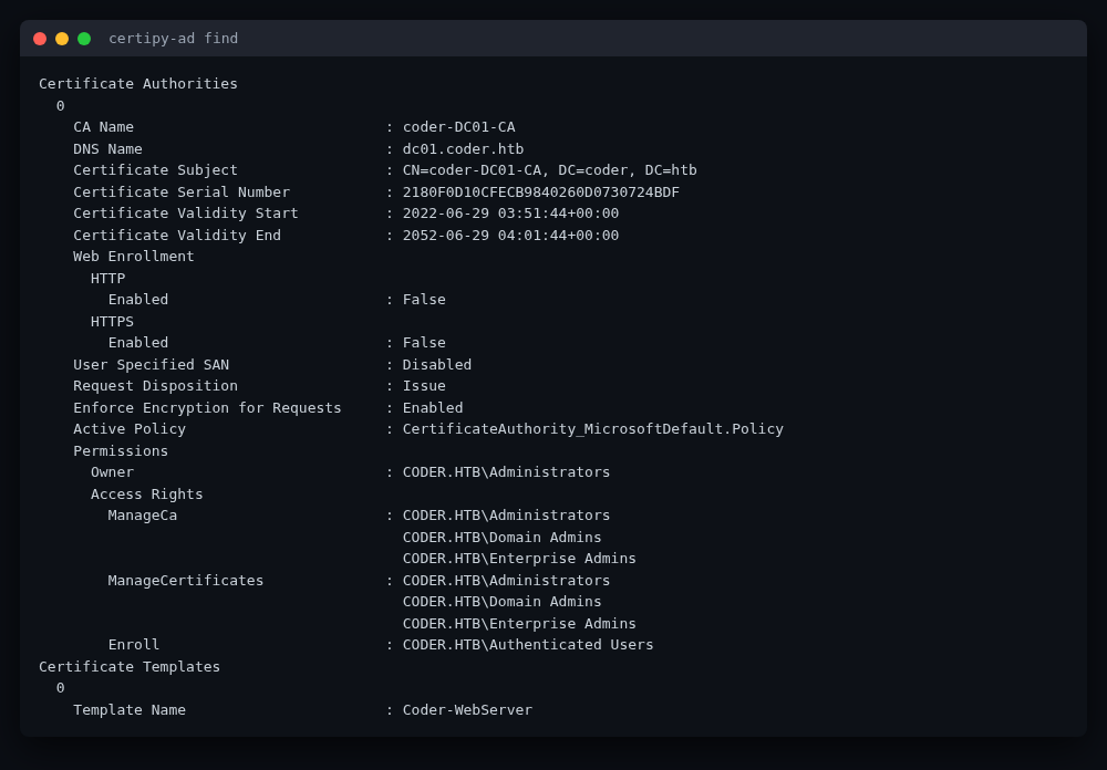 certipy-ad find — the CA and templates