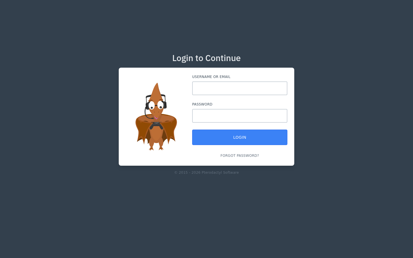 Pterodactyl Panel login page on the panel virtual host